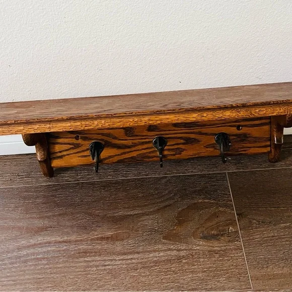 Rustic Brown Wall Shelf with Hooks